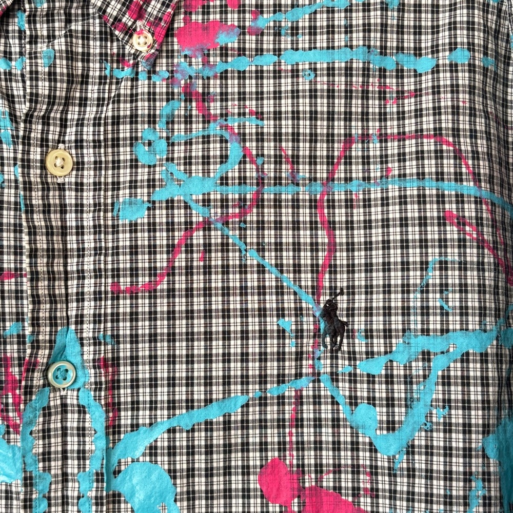Ralph Lauren Men's Custom Painted Upcycled Button Down Checkered Large Shirt - Picture 11 of 12